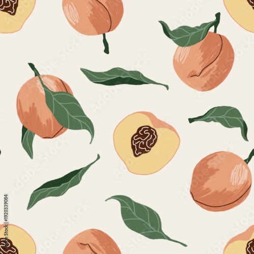 Minimal hand drawn fruit seamless pattern with peaches neutral pastel botanical collection