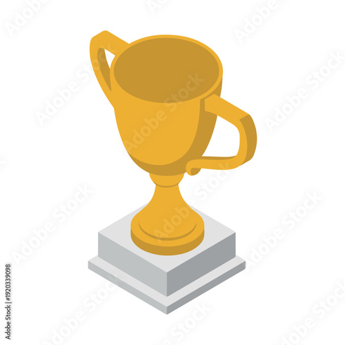 Golden trophy cup with handles standing on gray pedestal base in minimalistic style symbolizing achievement and success