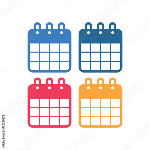 Colorful monthly calendar pages in blue red orange and yellow with spiral bindings for organizing schedules