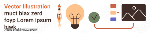 Innovation, creativity, workflow management, project planning, idea generation, technical processes. Rocket launching, lightbulb checkmark and photo chart. Innovation and creativity concepts
