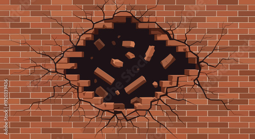 A detailed illustration of a red brick wall with a large, jagged hole in the center, showing scattered bricks and radiating cracks, symbolizing damage or breakthrough.
