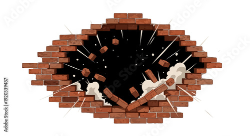 Eight illustrations showing a brick wall with a progressively larger and more irregular hole, depicting destruction.