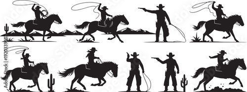 Dynamic Cowboy and Horse Silhouette Action Series on Open Plains – Illustrative Scenes of Lassoing and Riding from a Side View