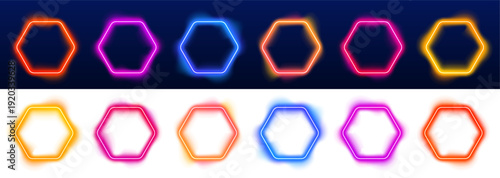 Neon hexagon shines with soft rainbow gradient. Smooth edges enhance futuristic style. Perfect transparent element for banners, posters, and UI layouts. PNG