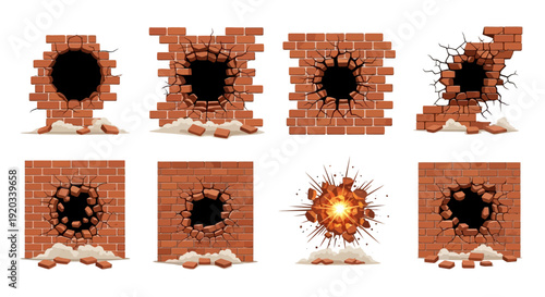 Collection of various damaged brick walls with holes, cracks, and debris, illustrating destruction and impact effects.