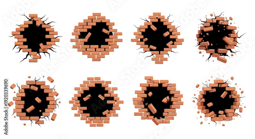 Collection of eight cartoon illustrations depicting various broken brick walls with black holes and scattered debris, showing impact and destruction.
