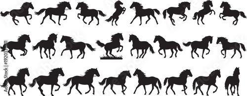 Dynamic horse silhouettes in three rows on white backdrop, captured from frontal viewpoint, highlighting movement and contrast in illustrative style