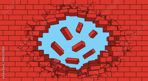 A red brick wall with a large, irregular hole in the center, showing bricks exploding outwards and cracks radiating from the impact point against a blue sky.