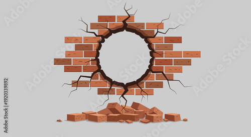 A brick wall with a large circular hole in the center, surrounded by radiating cracks and a pile of debris at its base.