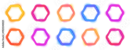 Iridescent hexagon glows softly with neon light. Abstract shape adds futuristic energy. Perfect transparent element for banners, posters, and UI layouts. PNG