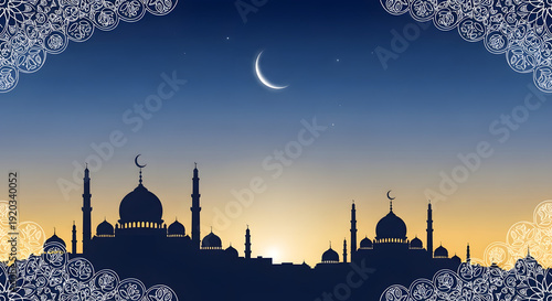 Mosque Silhouette Crescent Moon Ornate Frame Evening Sky Gradient Background
