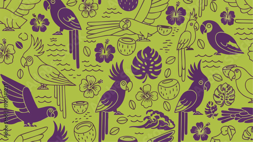 Vibrant Tropical Parrot Pattern Seamless Repeat Background with Green and Purple Exotic Flora