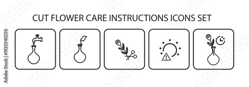 Cut Flower Care Instruction Icons Set with Minimal Line Art Design