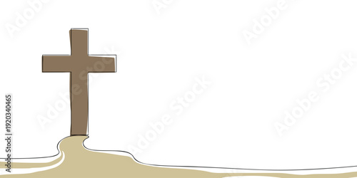 Minimal illustration of a Christian cross standing on a hill, symbolizing faith, religion, sacrifice, hope, and spiritual devotion