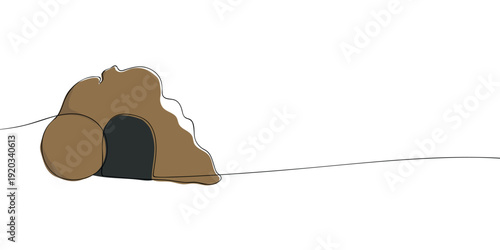 Illustration of the resurrection tomb with a rolled stone at the entrance, symbolizing Easter, Christian faith, hope, renewal, and the resurrection of Jesus Christ