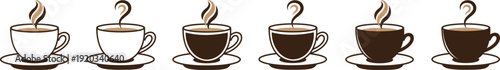 Set of tea and coffee cup icons with steam and saucer vector collection. Ideal for cafe menu, restaurant logo, hot chocolate beverage. Breakfast drink morning espresso cappuccino mocha caffeine mugs.