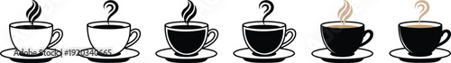 Set of tea and coffee cup icons with steam and saucer vector collection. Ideal for cafe menu, restaurant logo, hot chocolate beverage. Breakfast drink morning espresso cappuccino mocha caffeine mugs.