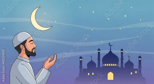 Man in prayer during ramadan with mosque and crescent moon in the background at night