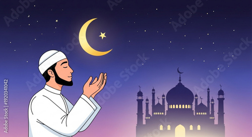 Man in white praying under crescent moon and star with mosque silhouette at night