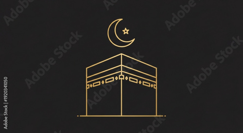 Islamic symbol kaaba and crescent moon with star minimalist gold line art on black background religious illustration for cultural and spiritual themes