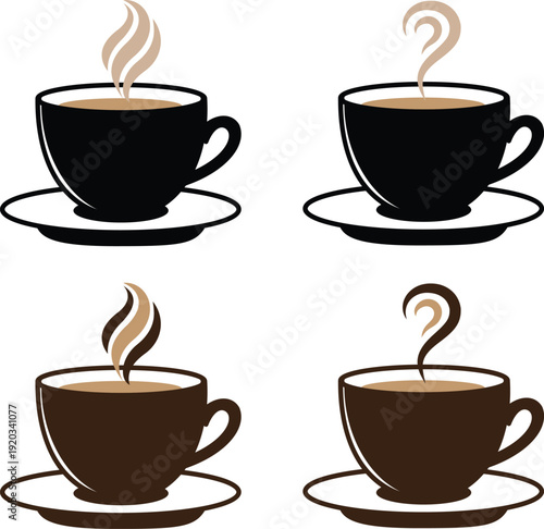 Set of tea and coffee cup icons with steam and saucer vector collection. Ideal for cafe menu, restaurant logo, hot chocolate beverage. Breakfast drink morning espresso cappuccino mocha caffeine mugs.