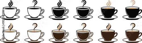 Set of tea and coffee cup icons with steam and saucer vector collection. Ideal for cafe menu, restaurant logo, hot chocolate beverage. Breakfast drink morning espresso cappuccino mocha caffeine mugs.