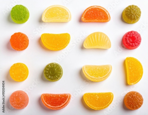 Colorful variety of sweet fruit jelly candies in different shapes and bright colors, neatly arranged on a clean white background, creating an appealing confectionery display