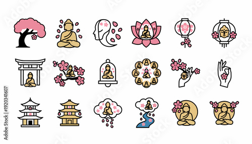 Buddhism Icons: Zen, Meditation, Cherry Blossoms, Lanterns, Pagodas
