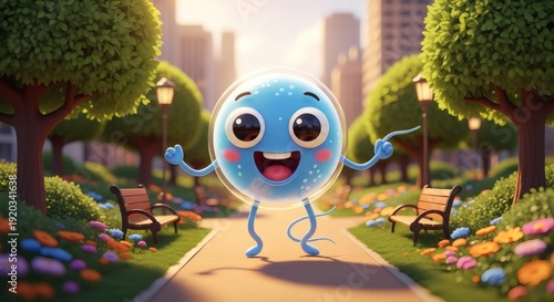 Cute Happy Blue Mascot Character Dancing in Sunny City Park; Adorable 3D Cartoon Bubble Creature in Colorful Garden Path; Playful Animated Fantasy Character in Urban Park with Flowers and Benches