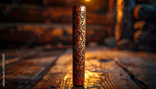 A gleaming, carved wooden walking stick section showcasing intricate patterns and a smooth patina, captured in detailed photographic quality from the FlyPro Firefly collection.