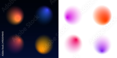 Soft gradient spheres transition from warm orange to yellow on light backgrounds. Light blur and translucent shapes create modern digital style. Ideal for presentations or trendy art projects.