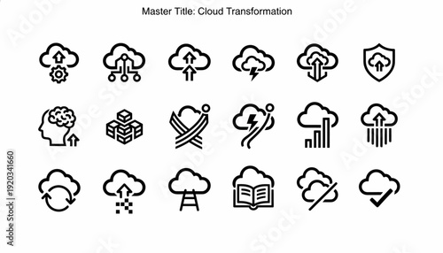 Cloud Computing Icons Set: Data, Security, Transformation, AI, Storage