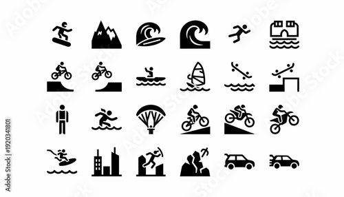 Extreme Sports Icons Set: Snowboarding, Surfing, Motocross, Paragliding