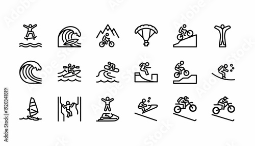 Extreme Sports Icons Set: Surfing, Biking, Paragliding, Climbing, Jet Skiing