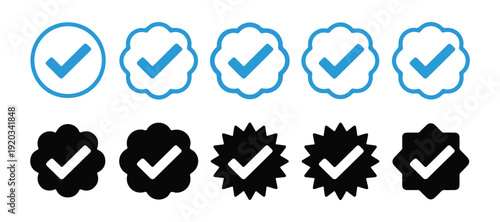 Verified profile badge collection with check mark symbols for social media account verification and trust sign
