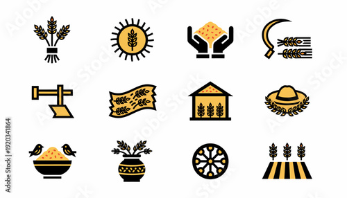 Farming Icons: Wheat, Harvest, Agriculture, Rural Life, Organic Food