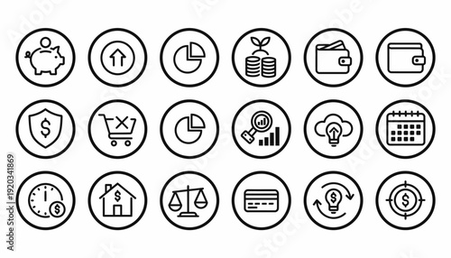 Financial Icons Set: Piggy Bank, Growth, Wallet, Shopping Cart, Calendar, Credit Card