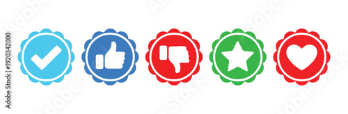 Colorful set of five vector icons checkmark thumb up down star and heart in blue red and green scalloped circles
