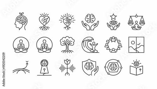 Mindfulness and Mental Wellness Icons: Brain, Yoga, Growth, Balance, Nature