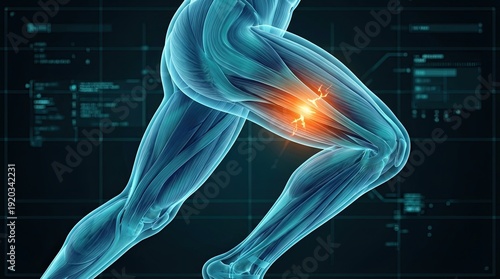 Close up view of human leg muscles in running motion showing bright orange glowing pain and inflammation in quadriceps on dark blue digital background.