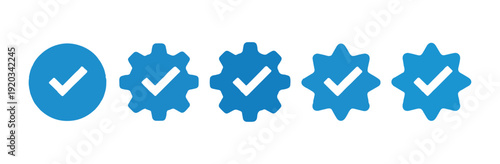 Blue verification checkmark badges different shapes round cog and starburst on white