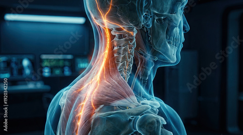 Human head and neck anatomy with glowing yellow nerve lines showing pain or electrical signal on blue medical background with laboratory data interface.