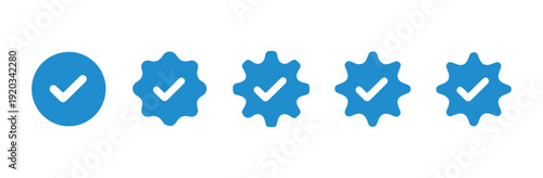 Blue verification checkmark badges on white background simple round and starburst shapes