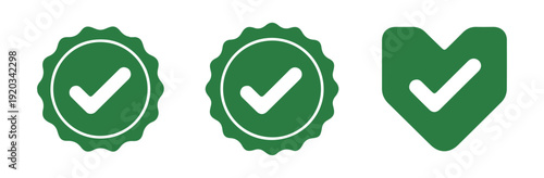 Green verification checkmark badges round and shield shapes approved confirmation symbol