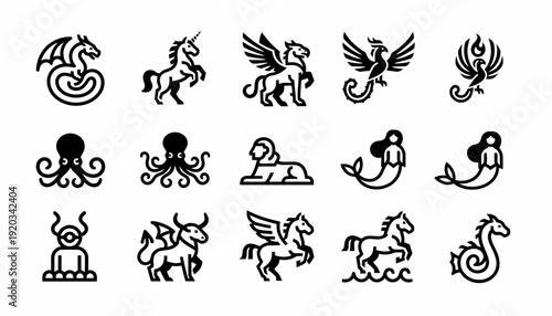 Mythical Creatures Icons: Dragon, Unicorn, Pegasus, Phoenix, Mermaid