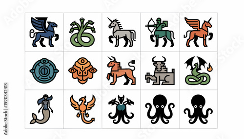 Mythical Creatures Icons: Pegasus, Unicorn, Dragon, Mermaid, Phoenix
