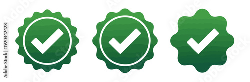 Set of green check mark icons in wavy circle shapes with gradient texture for quality assurance and approval