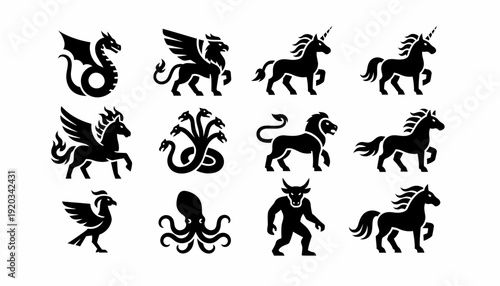 Mythical Creatures Silhouette Collection: Dragon, Unicorn, Griffin, Pegasus, Kraken