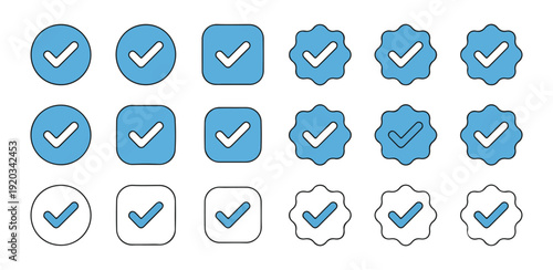 Light blue check mark badges with black outlines including circular square and scalloped edge design styles
