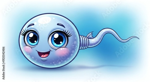 Cute Cartoon Sperm Character with Big Blue Eyes on Soft Gradient Background; Adorable Fertility and Reproductive Health Mascot in 3D Illustration Style; Playful Human Sperm Cell Animation for IVF and 